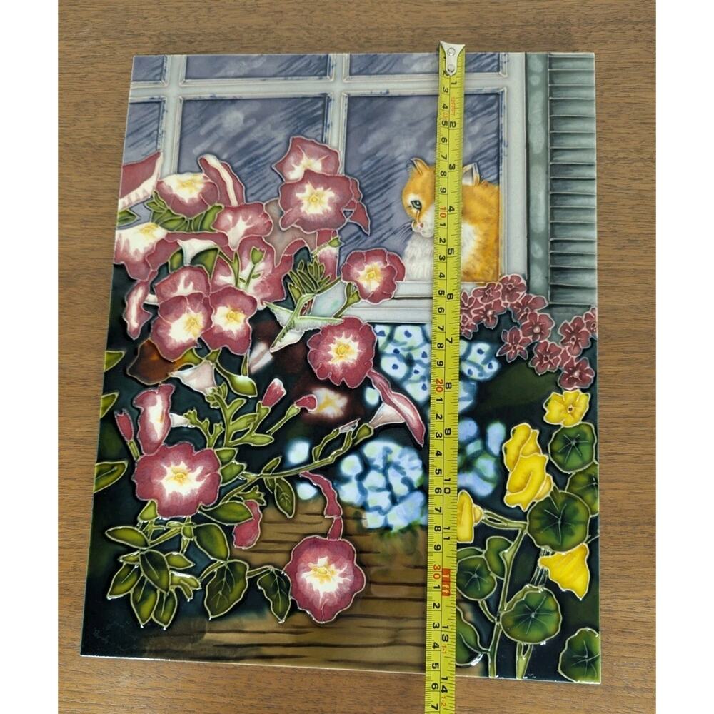 BENAYA Tile Art Plaque Flowers & Cat In Window 11" x 14" With Original Box - Picture 7 of 8
